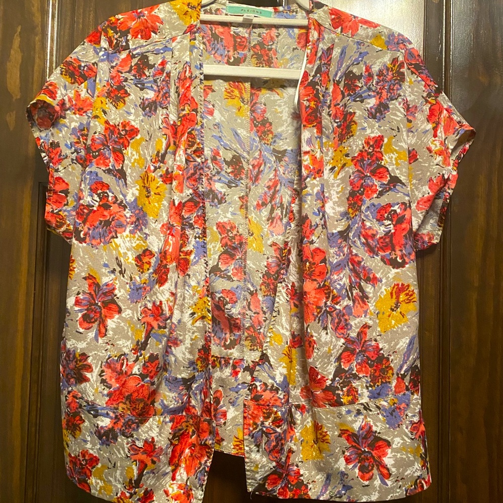 Pleione Floral Button Up Blouse - Red Silver Blue Multi - size Small